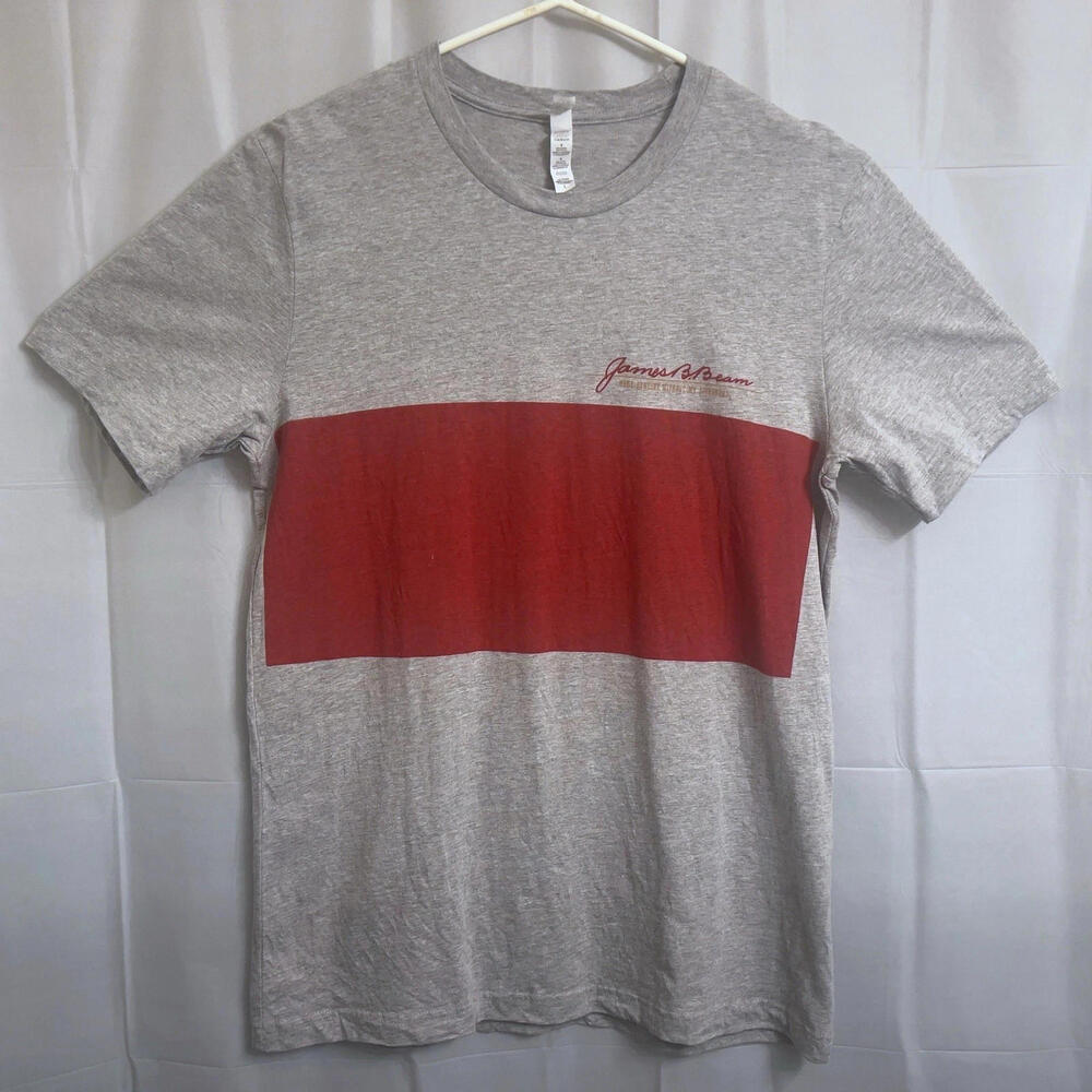 Jim Beam Bourbon Whiskey Signature T-Shirt Men's Large L Gray w/ Red Stripe
